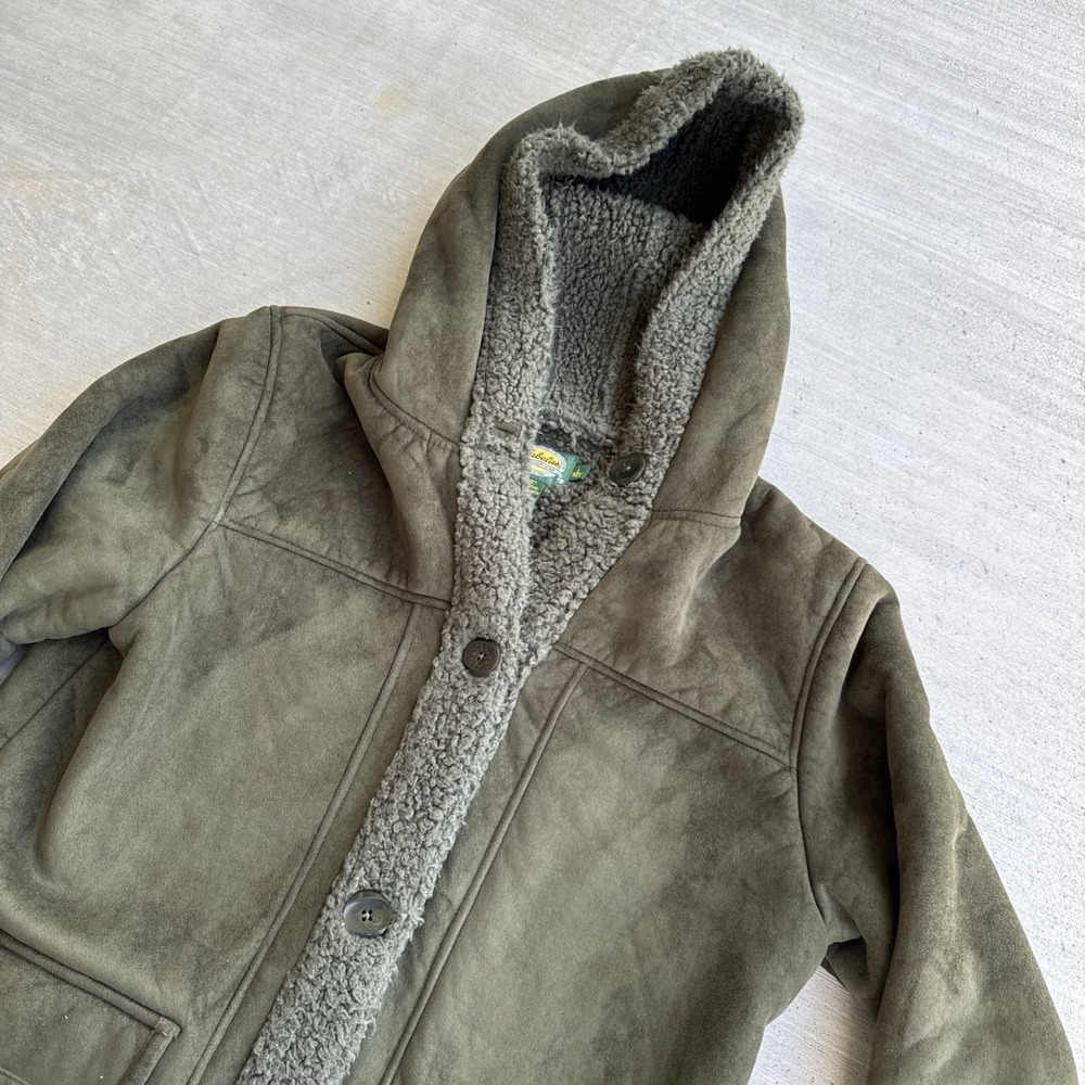Cabelas Jacket Coat Womens Large Green Suede Hooded Sherpa Lined Winter Warm